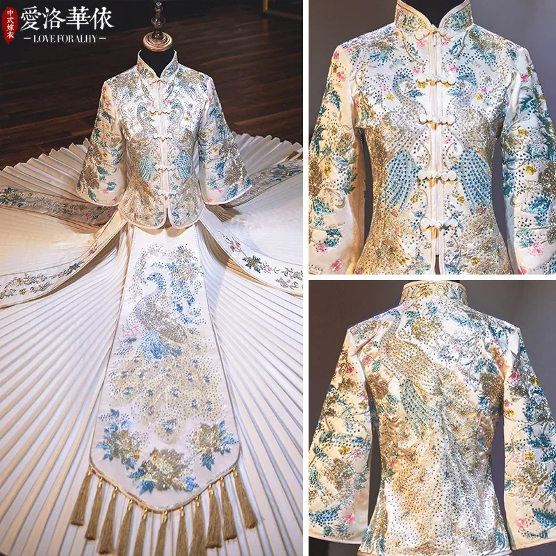 

Bride Wedding Chinese Style Toast Dress Dragon Phoenix Gown Show Embroidery Cheongsam Kimono Rich Auspicious High-end Elegance