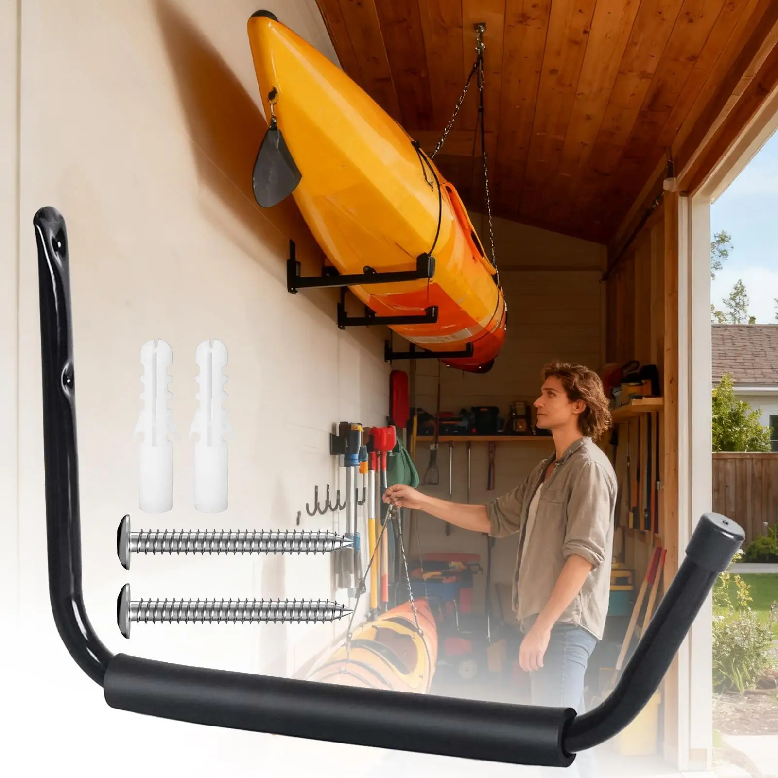 Porta kayak per garage Portaoggetti per kayak a parete Appendiabiti per montaggio a parete per scaletta Bici Paddleboard Tavola da surf Garage da spiaggia - immagine 2