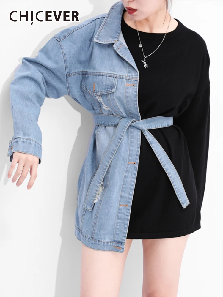 

CHICEVER Streetwear Patchwork Denim Coats For Women Round Neck Long Sleeve Spliced Lace Up Irregular Hit Color Jackets Female