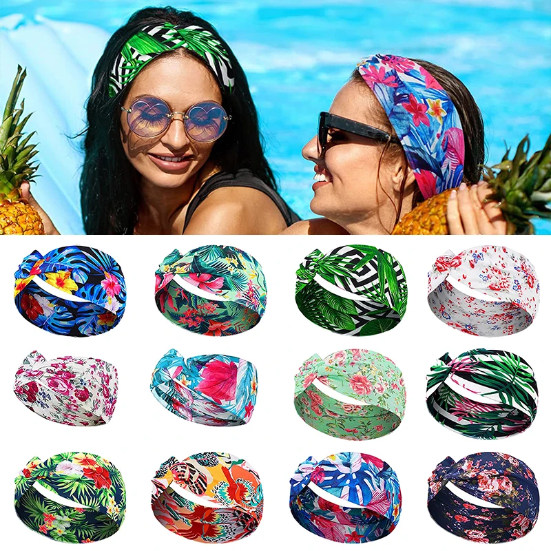 

Bohemian Style Green Leaves Flowers Cross Wide Hairband Elastic Yoga Turban Knot Headwrap Stretch Headband For Hair Accessoires