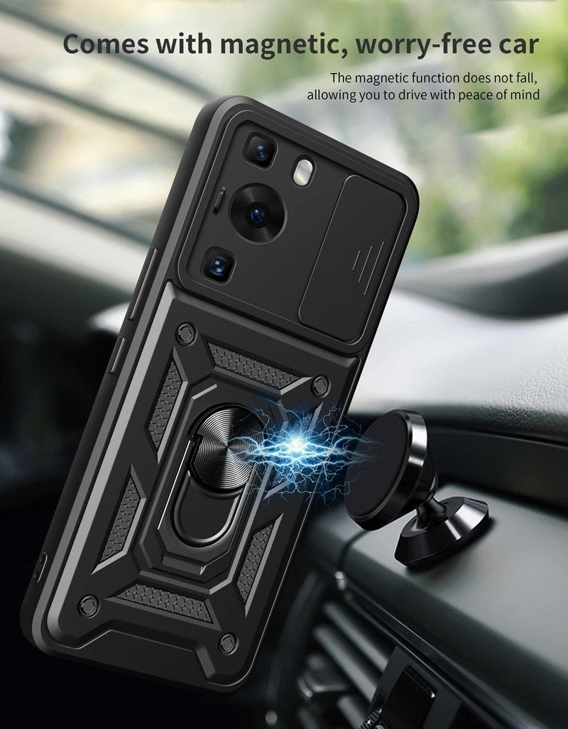 Armor Shockproof Magnetic Ring Stand Holder Case with Slide Camera Lens Cover