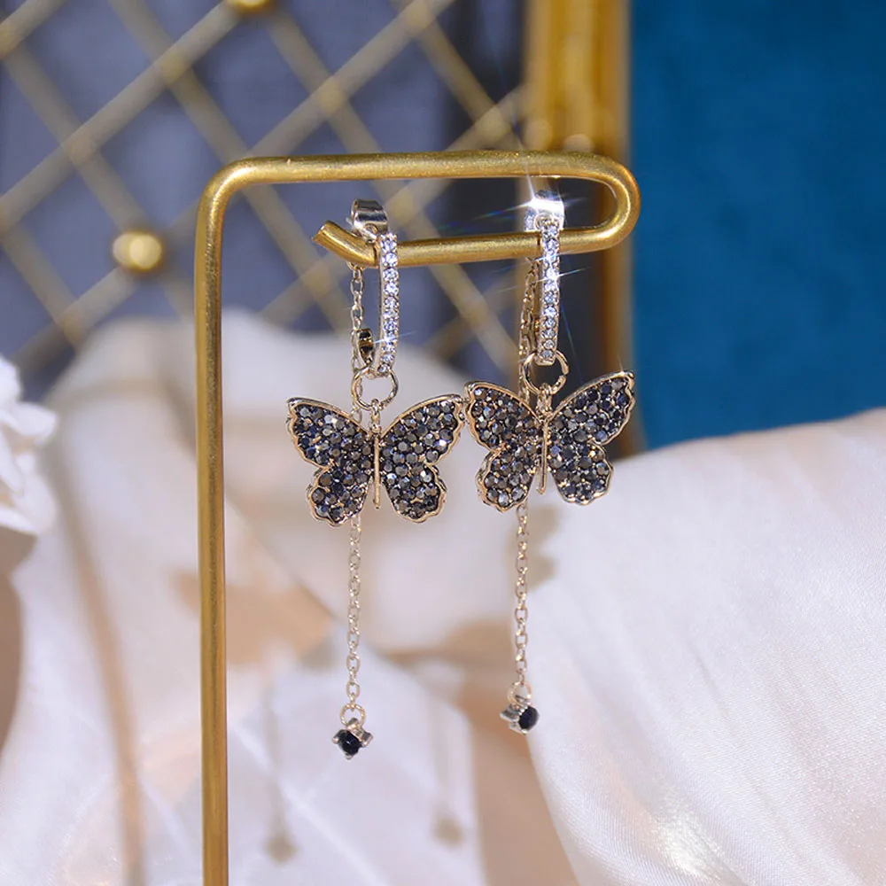 Korean Exquisite Butterfly Drop Earrings For Women 2022 Trending Elegant Rhinestone Trendy Chain Earrings Vintage Wedding Gifts