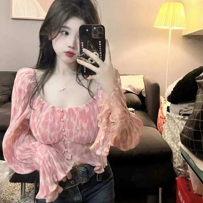 Clothing Chiffon Women's Shirts and Blouses Frill Top for Woman Pink Ruffle Off Shoulder Crop Trend 2023 Cool Fashion Y2k Tunic