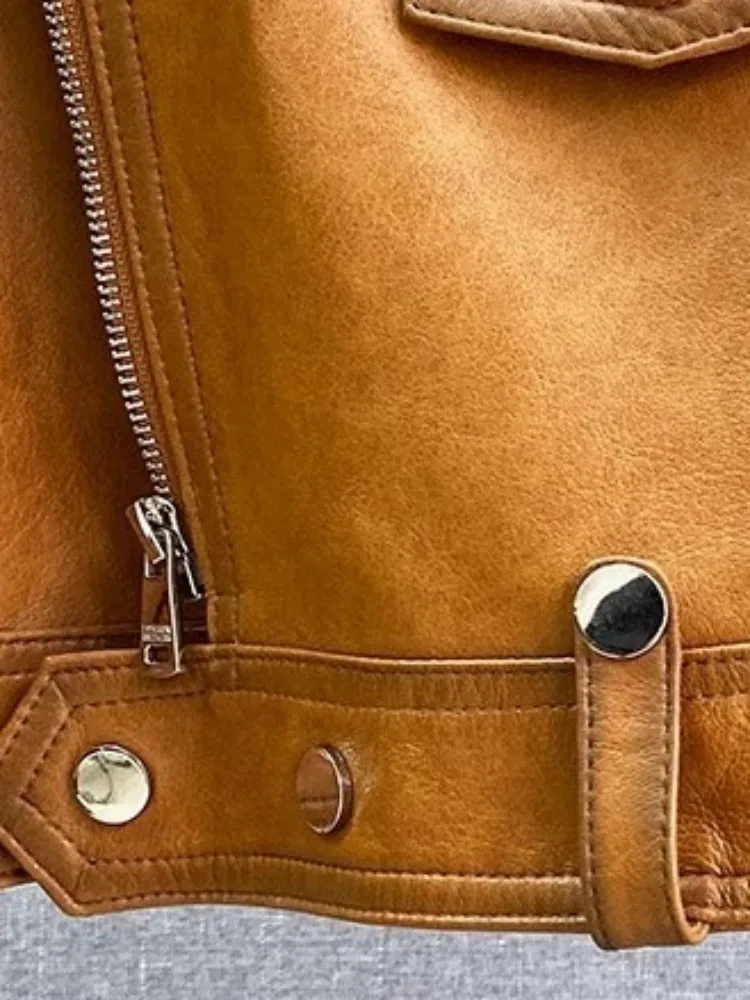 High Street Women Genuine Leather Jacket Zip Turn-Down