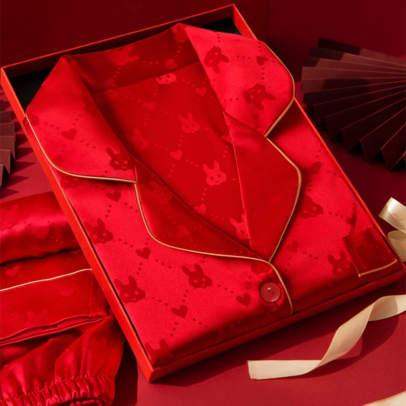 

2023 New Lucky Red Luxury Stain Pajamas Set Rabbit Cartoon Printed Silk Pyjamas Women 2Pcs Shirt and Pants Soft Nature Sleepwear