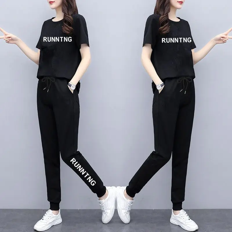 Fashion Women's Set 2024 Spring/Summer New Casual Large Korean Loose Pants Short Sleeve Two Piece Set