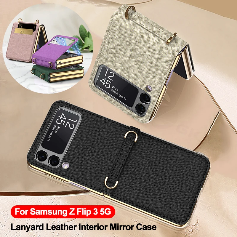 

GKK Leather Shoulder Strap Case Cover For Samsung Galaxy Z Flip 3 5G Case Magnetic Fold Mirror Package for Galaxy Z Flip3 Cover