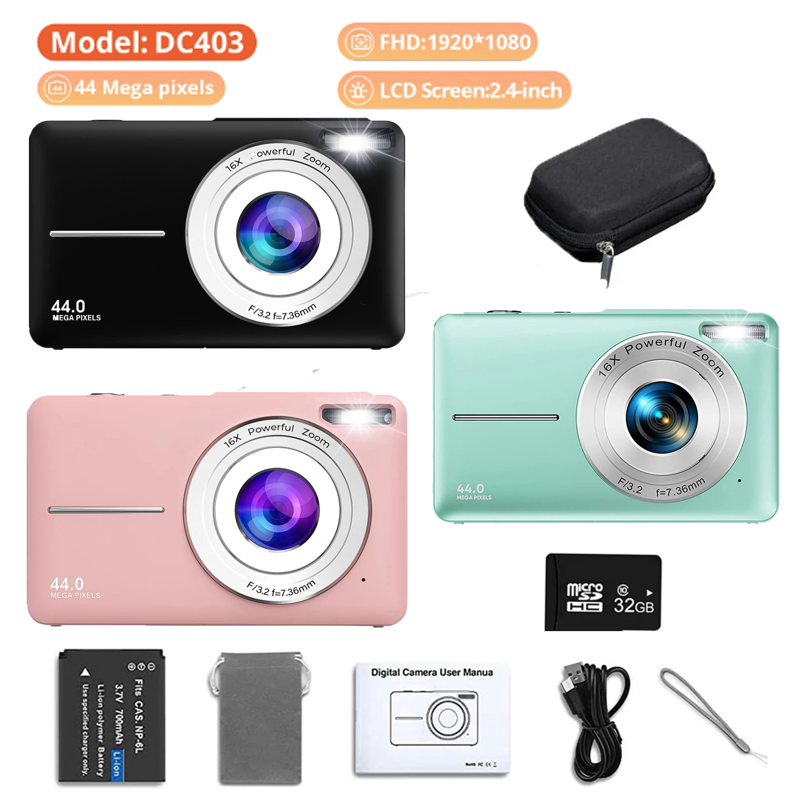 44MP Cameras 2.4 inches digital Camera HD 1080P Rechargeable Cameras with 16x Zoom Compact Camera for kids Girls camera digit