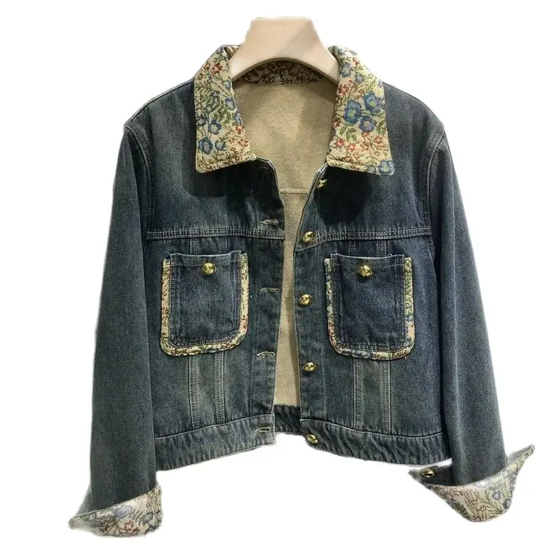 

Autumn Winter Short Women's Denim Jacket Plus Velvet 2024 New Fashion Loose Leisure Coat Embroider Lambswool Outerwear Female