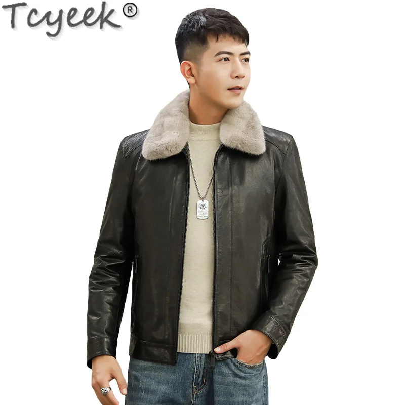 Tcyek 남성용 캐주얼 탑 레이어 염소 가죽 코트, 따뜻한 겨울 밍크 모피 라펠 칼라 패션,  가죽 다운 재킷, 남성 의류