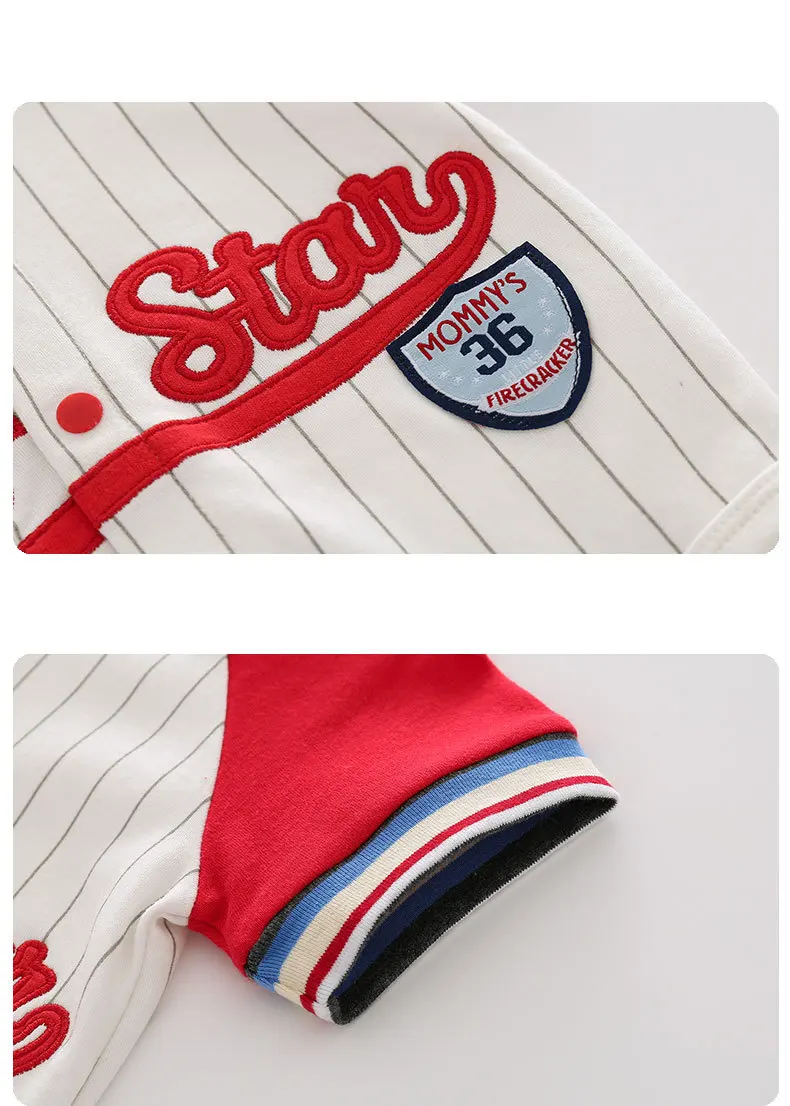 Baby Bodysuit Newborn Infant Color Block Baseball Romper Short Sleeve Stripe Letter Embroidery For Baby Boys Toddler