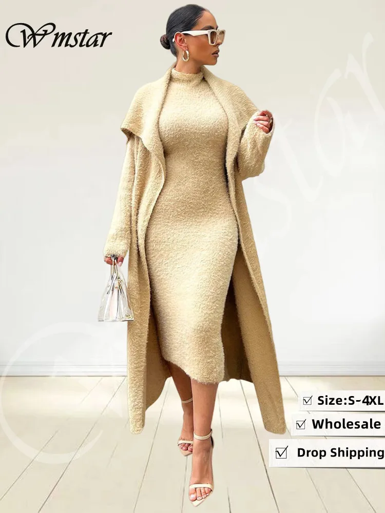 

Wmstar 2 Piece Outfits Women Winter Clothing Dress Sets Dresses and Cardigan Matching Suit Wholesale Dropshipping (with Belt)