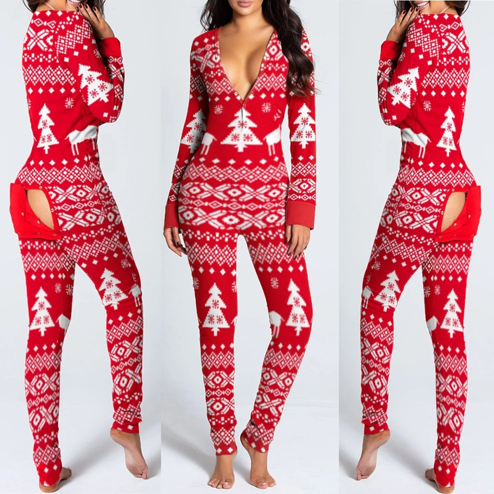 Women Jumpsuit Christmas Onesies Print Outfit Button-down Front Back Butt Bum Open Ass Flap kigurumi pajamas onesies cosplay pajamas onesies women bodysuit sleep wear set women suspender pajamas flannel pajamas onesies