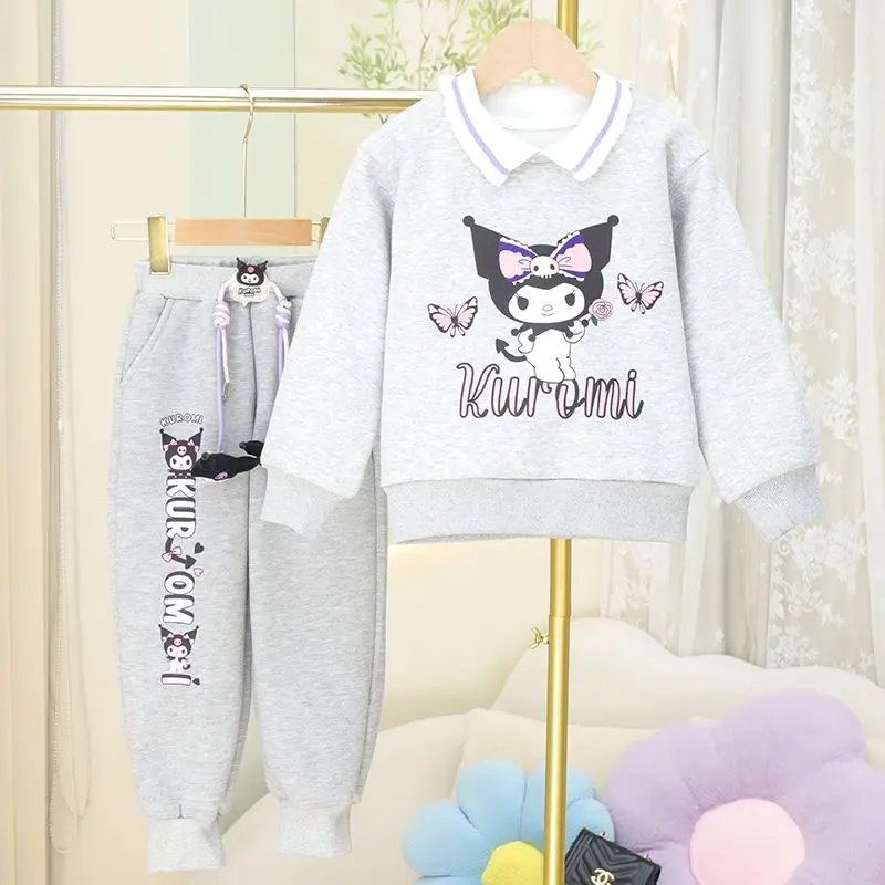 

Sanrio Cartoon Trouser Kuromi Autumn Winter Girl Twopiece Sports Hoodie Set with Plush Thick Pants Children Gifts Girls Toys