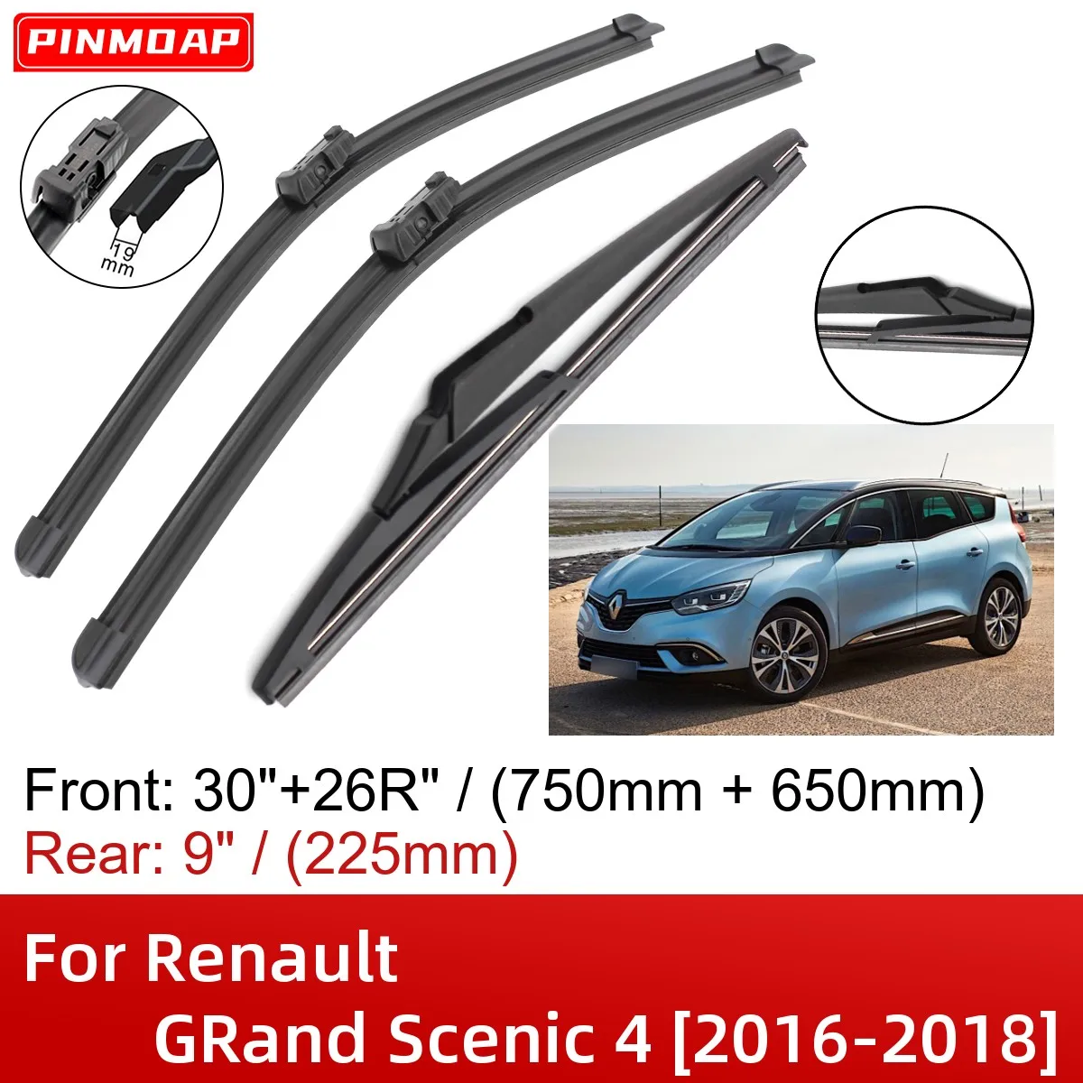 For Renault Grand Scenic 4 20162018 30"+26"+9" Front Rear Wiper Blades