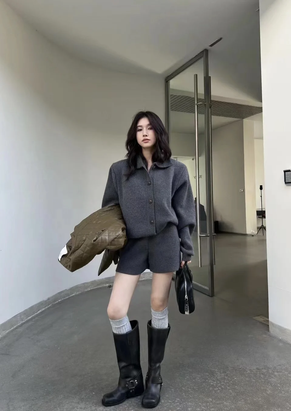 Autumn Winter New Two-piece Knitted Sets Single Breasted Sweater Top High Waist Shorts Korean Fashion Casual Outfits Solid Suit