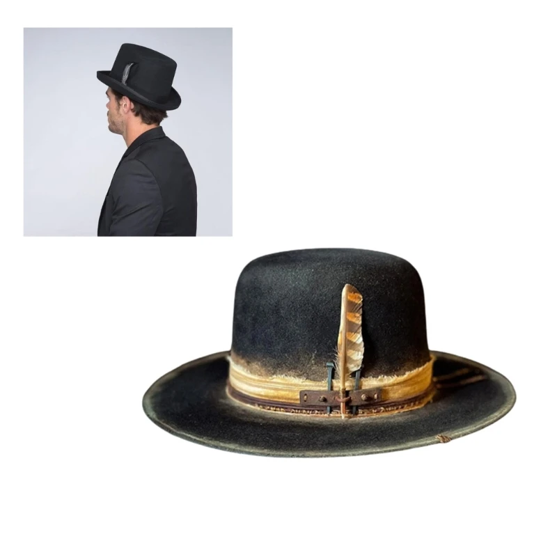 Wool Flat Top Fedora Hat for Men Adult Stage Performances Hat Theme Party Cap Masquerade Dress Up Costume Panama