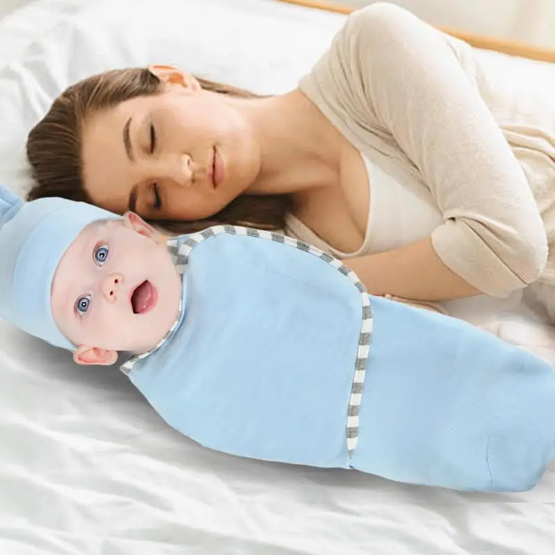 Baby Swaddles 0-3 Months Adjustable Baby Sleep Swaddle With Hat Soft Nursery Swaddling Blankets Cute Supplies For Boys