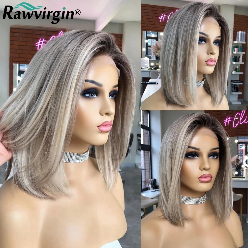 

Ash Brown Blonde Highlight Lace Front Wig Ash Grey Straight Short Bob Lace Front Wig HD Glueless Bob Lace Frontal Human Hair Wig