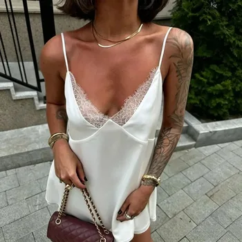 Abito Estivo da Donna Minimalista ed Elegante in Raso con Pizzo, Mini Abito Casual con Scollo a V Profondo, Schiena Scoperta e Orlo Svasato, Perfetto per Feste