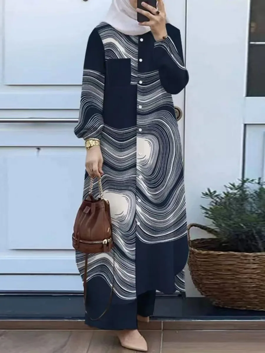 라마단 이드 이슬람 바지 세트 두 조각 셔츠 바지 여성 정장 셔츠 블라우스 Musulman Ensembles 모로코 Kaftan 이슬람 드레스 세트