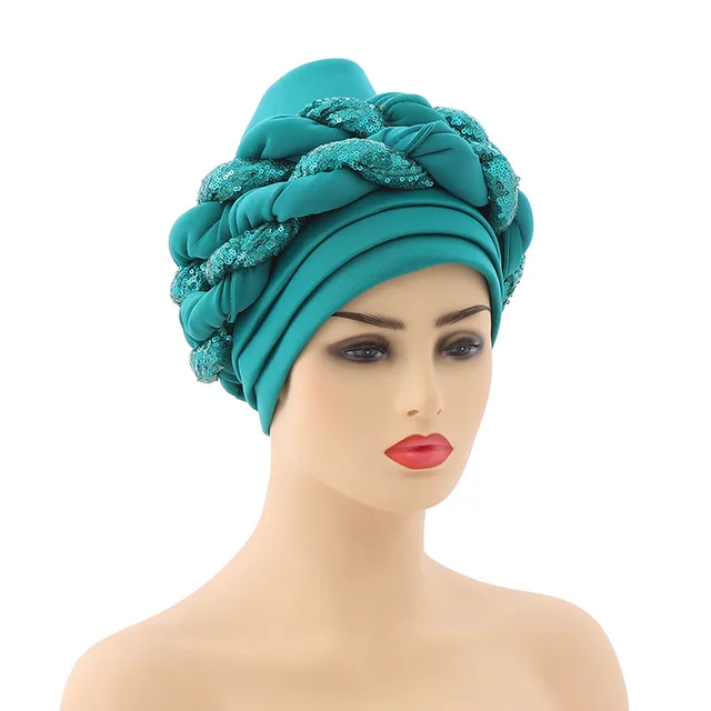 Turbans for Women Pleated Beanie Headwrap African Hat Arab Wrap Muslim Scarf Hijabs Hair Aso Oke Auto Gele Readymade to Wear Cap 016