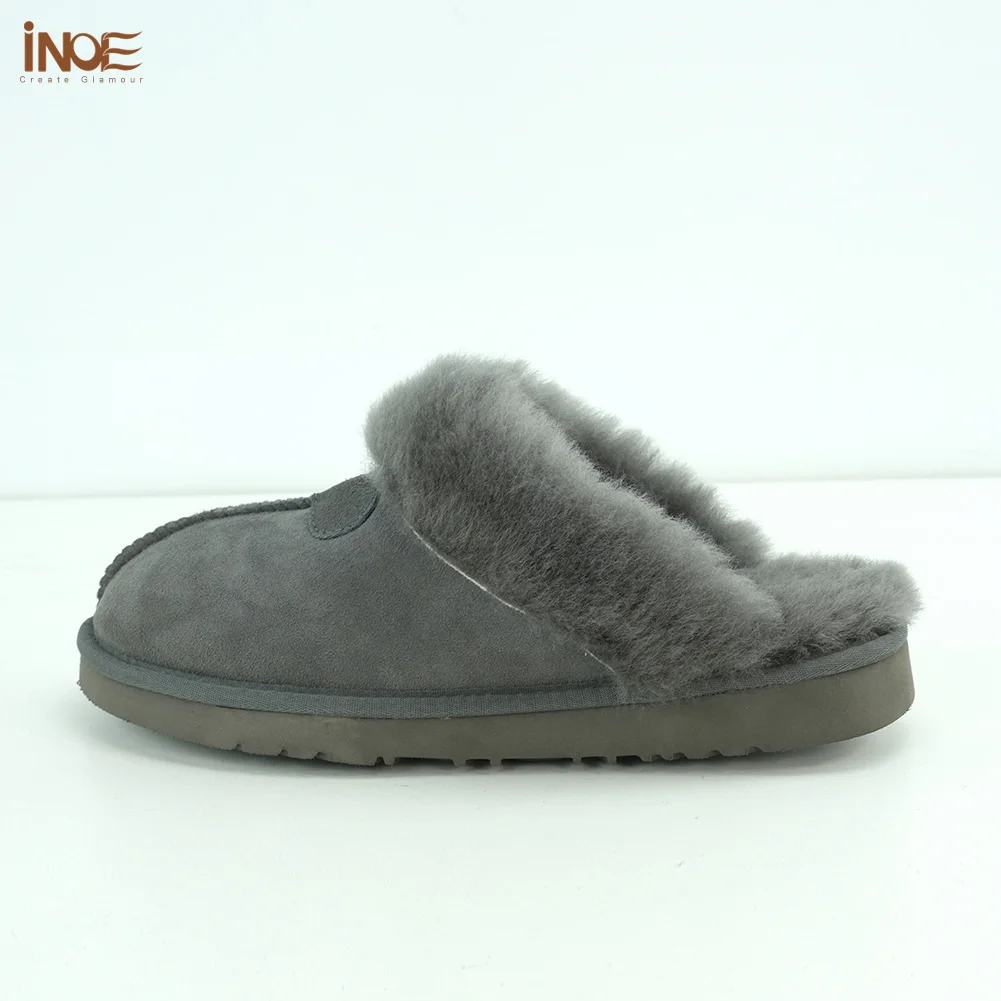 Real Sheepskin Suede Leather Natural Wool Fur Lined Men Winter Slippers Half Style House Home
