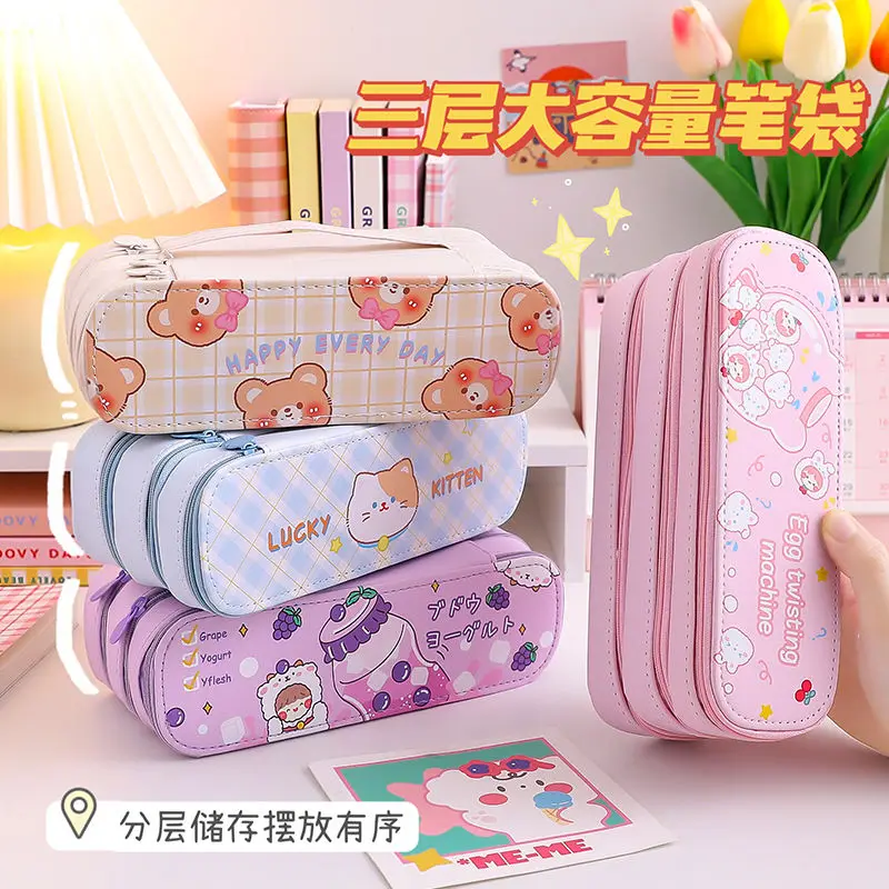 

Cute Multi-layer Pencil Large Capacity Aesthetic Stationery Anime Pencil Bag Box for Girls Organizer Kawaii School Supplies