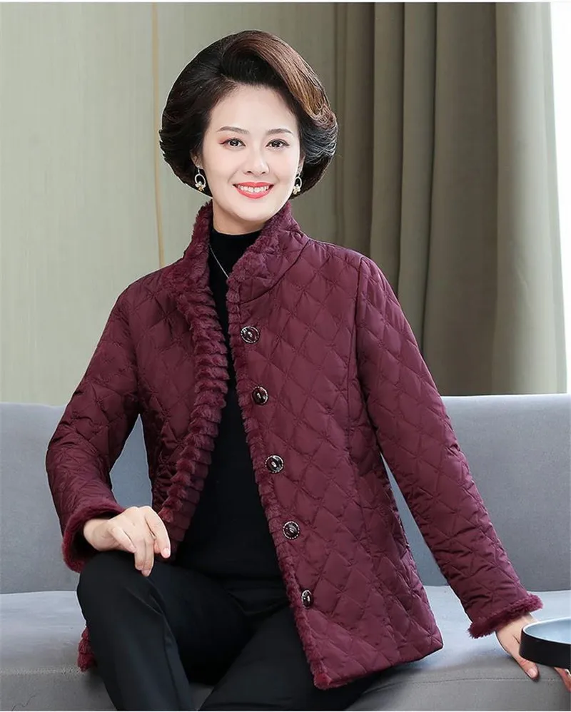 

2023 Ladies Middle-Aged Winter Clothes Solid Color Plus Velvet Cotton-Padded Coat Cardigan Western Style Thick Warm Outerwear