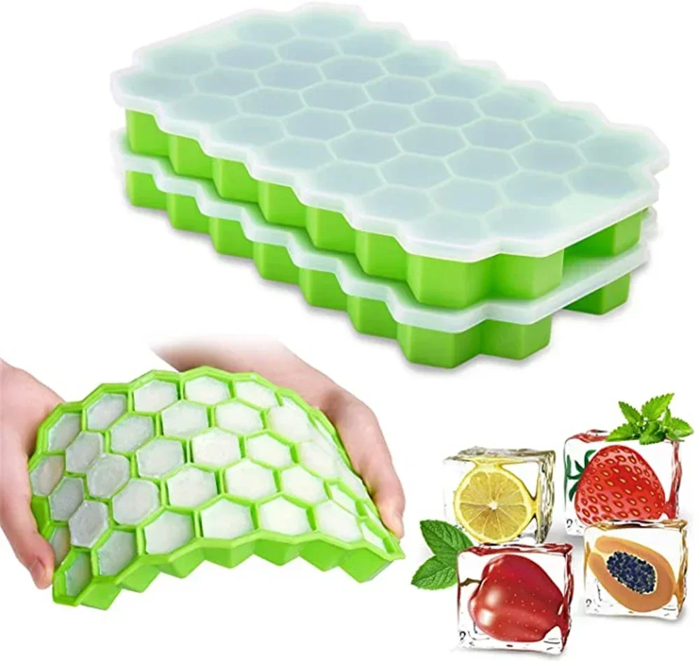 Ice Cube Mold-Silicone, Honeycomb Shape, With Lids, For Cream Party, Whiskey Cocktail, Cold Drink