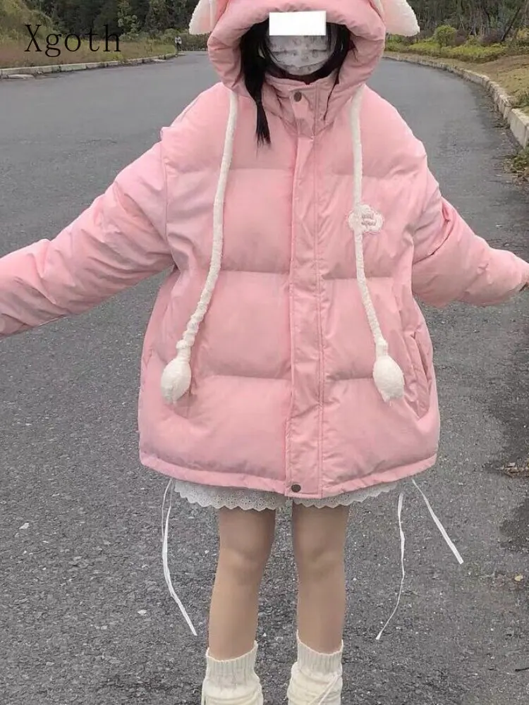 Xgoth Autumn Winter Cute Winter Coat Movable Rabbit Ears