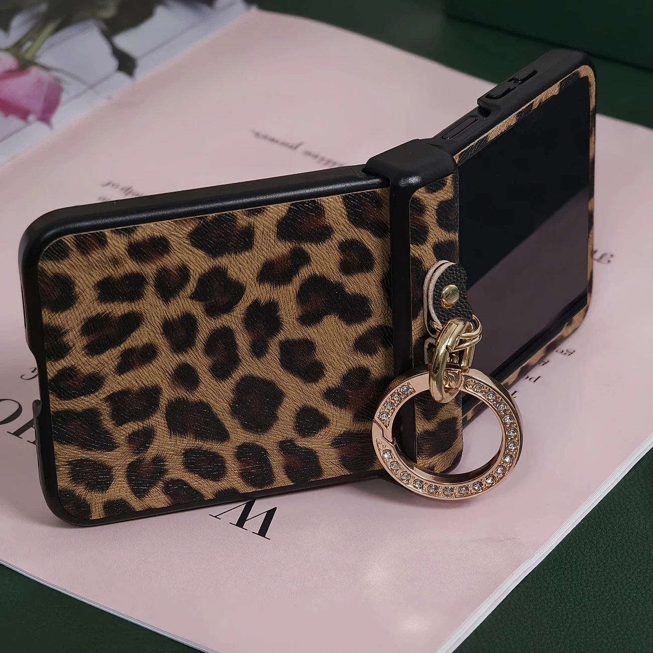 Retro Leopard Print Leather Phone Case with Diamond Plated Finger Ring Buckle