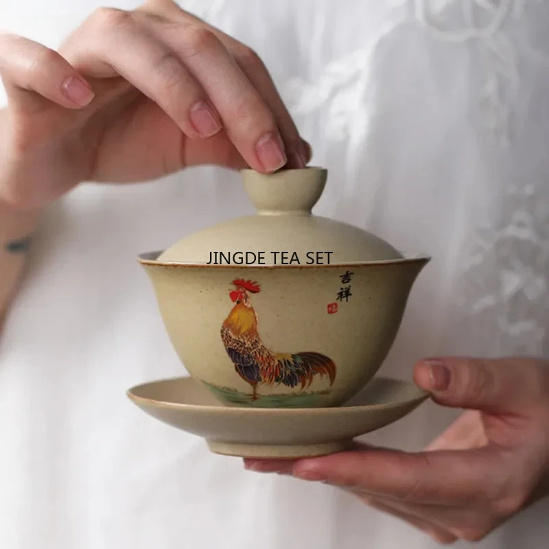 150ml traditional Chinese ceramic tea cup handmade tea bowl travel portable hand-painted rooster lid bowl