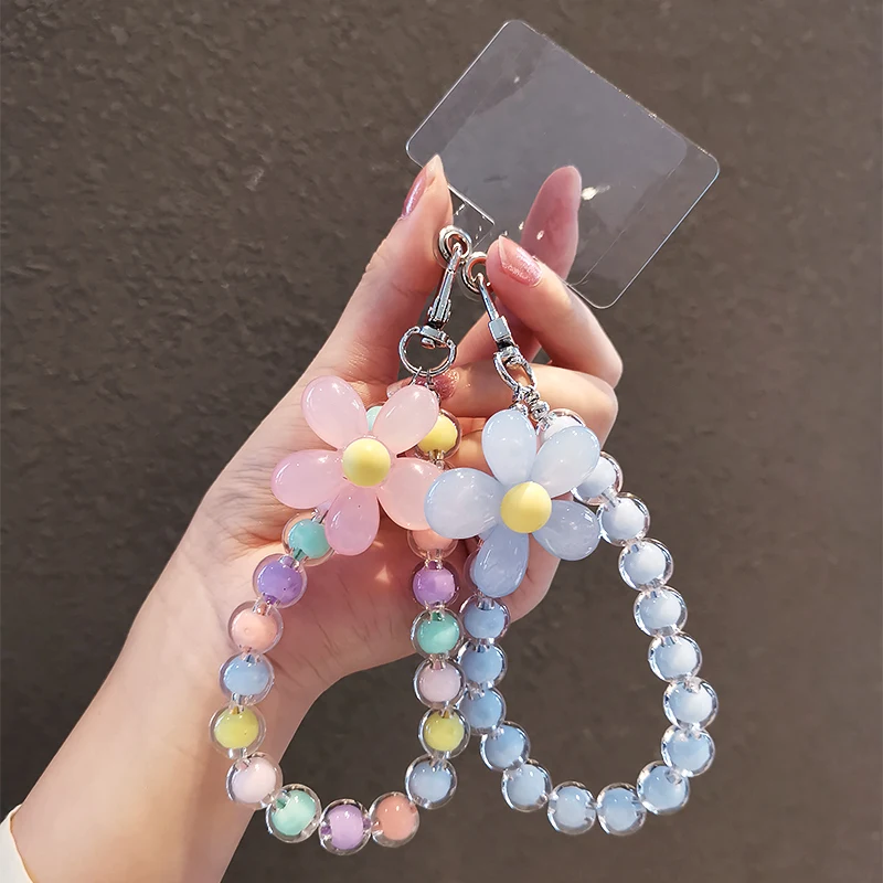 Universal Phone Case Anti-lost Lanyard Key Short Wrist Pendant Crystal Macaron Round Bead Pendant Women Hand-held Chain Lanyard