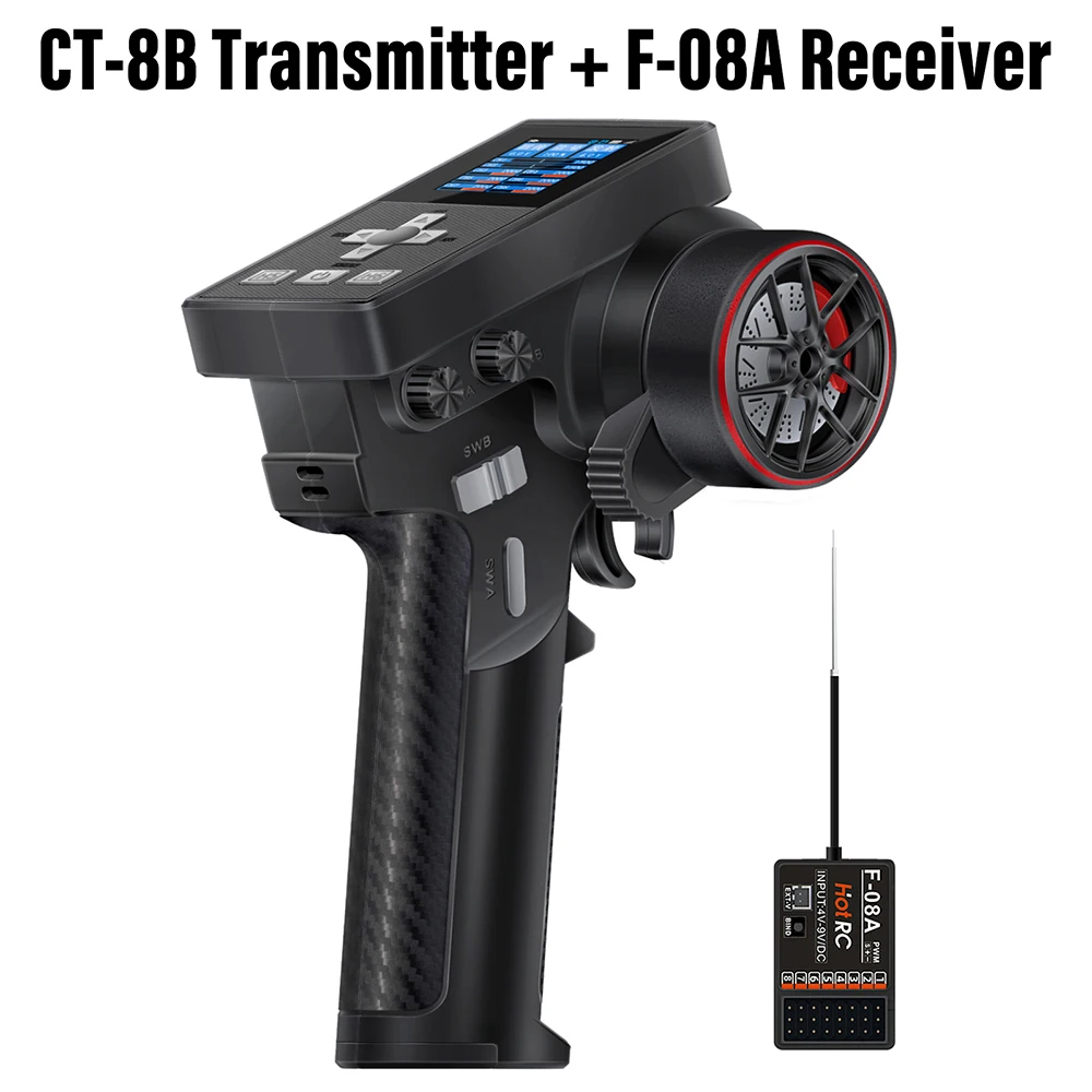 Émetteur RC HotRC CT-8B 8 canaux 2.4GHz avec récepteur F-08A, vue de côté