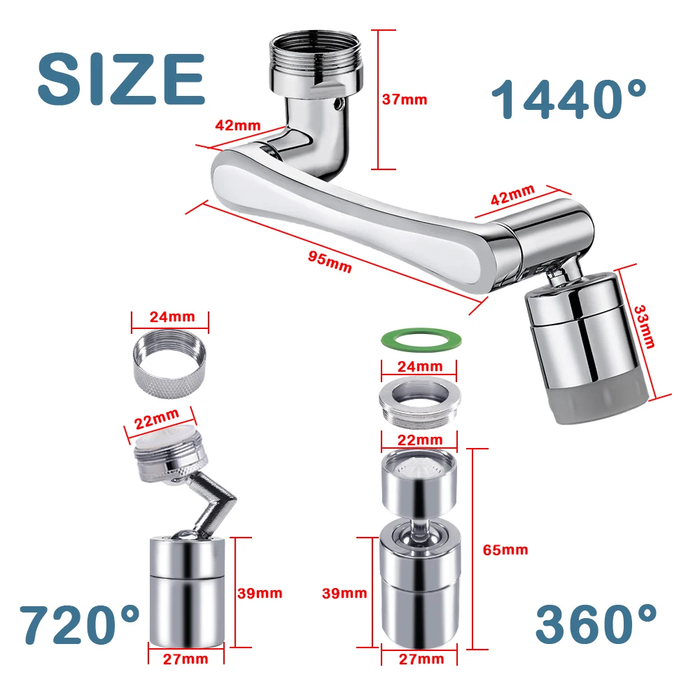 Metal 1440° Water Tap Nozzle Kitchen Sink Faucet Extenders 2 Modes Universal Bathroom Tap Bubbler Adapter Saving Aerator 2