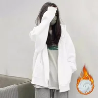 Retro American White Hoodie Women's Autumn Winter Oversize Fleece Loose Lazy Open Cardigan Top plus Size Streetwear