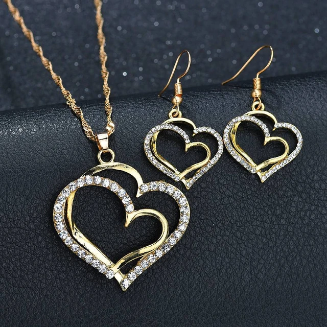 Fashion European and American Heart Shaped Wedding Dinner Wedding Dress Accessories Double Love Earrings Necklace Bracelet Gift 5