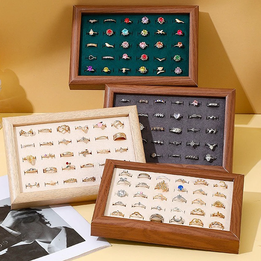 

Fashion Solid Wood Walnut Color Ring Earrings Stud Jewelry Flannelette Tray Storage Display Trays Jewelry Display Holder Props