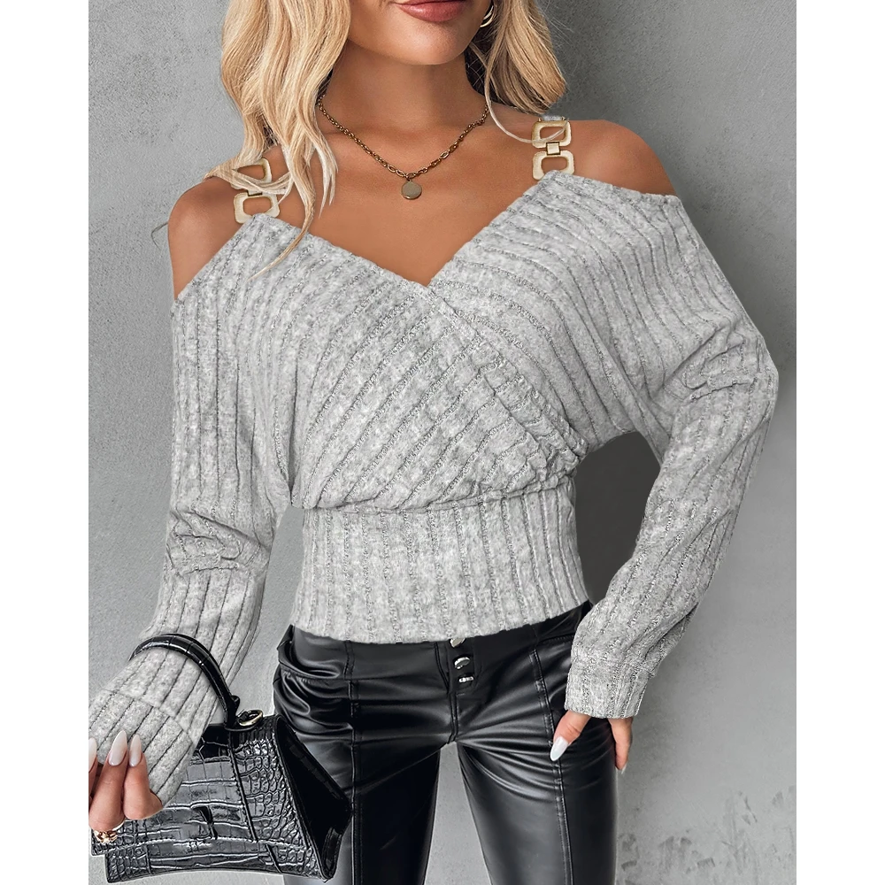 

Cold Shoulder Batwing Sleeve Women Top Spring Fashion Casual Chain Decor Ribbed Long Sleeve V-Neck T Shirt Sexy Femme Blouse Y2k