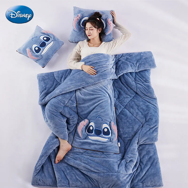 

Двухстороннее бархатное покрывало Disney Stitch Lotso с Микки Маусом, плюшевая подушка с вышивкой, одеяла два в одном, офисное одеяло для сна с машинкой