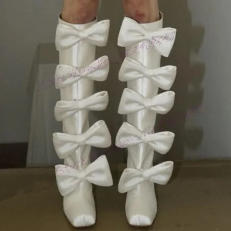

White Bow Knot Square Toe Boots Satin Knee High Shoes for Women Stilettos High Heels Sexy Lady Shoes 2024 Zapatos Para Mujere