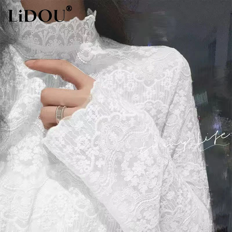 

Spring Autumn Half High Collar Solid Lace Bottoming Shirt Female Long Sleeve Top Elegant Fashion All-match Blouse Women Pullover