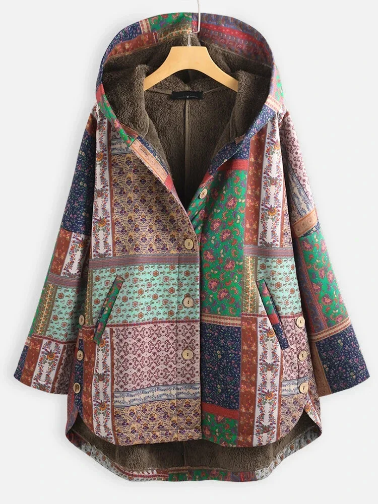 Casual Ethnic Print Fleece Hooded Retro Boho Cotton Jacket Parkas Warm Coat Women Outwear Loose Oversize M-5XL Winter Clothes