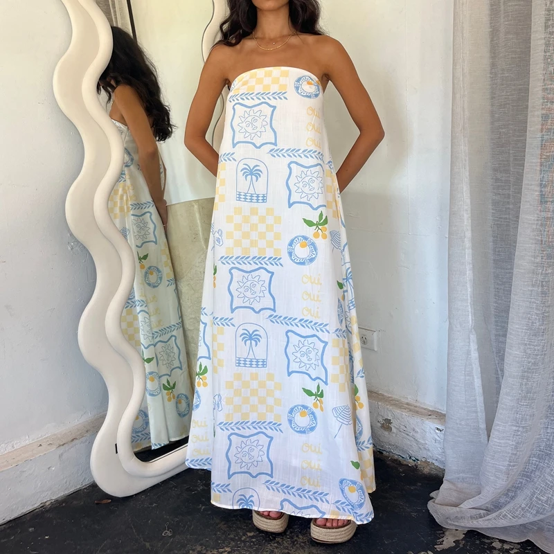 

Beach Holiday Strapless Maxi Tube Dress Vintage Fruit Print Backless Swing Loose Dress Women Summer Boho Off Shoulder Long Dress