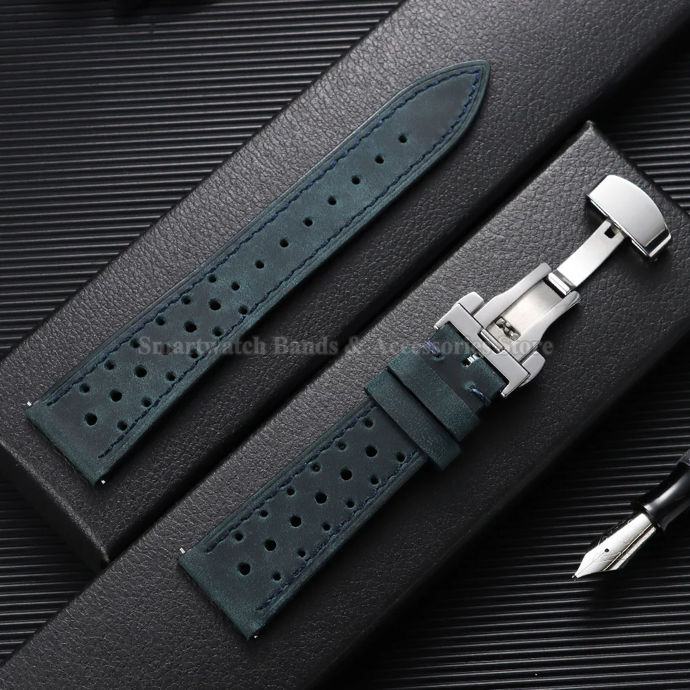 Vintage Leather Watch Strap - Universal Breathable Bracelet with Folding Buckle