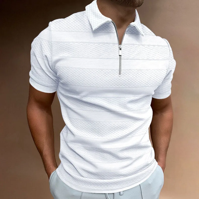 

Casual Short Sleeve Zip-up Polo Shirts Men's Clothes Summer Fashion Solid Color Patchwork Jacquard Tops Men Leisure Lapel Shirt