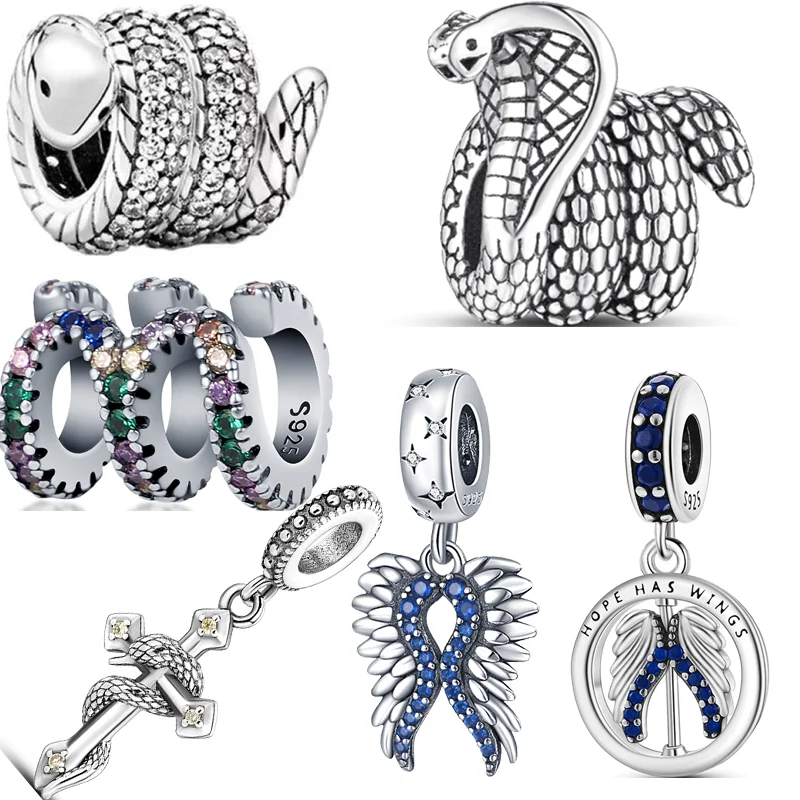 100% 925 Sterling Silver Snake Cobra Winding Colorful Zircon Shiny Beads Fit Original Pandora Charms Bracelet Women Jewelry Gift