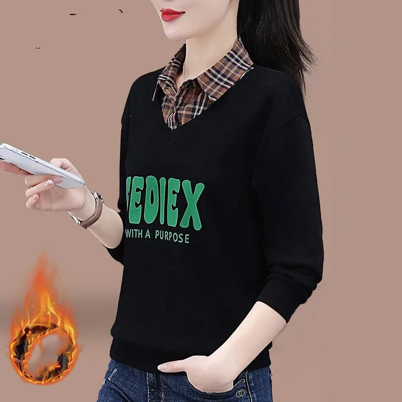 Autumn and Winter Women's Pullover Polo Letter Printed Plaid Button Panel Long Sleeve T-shirt Hoodies Underlay Elegant Tops