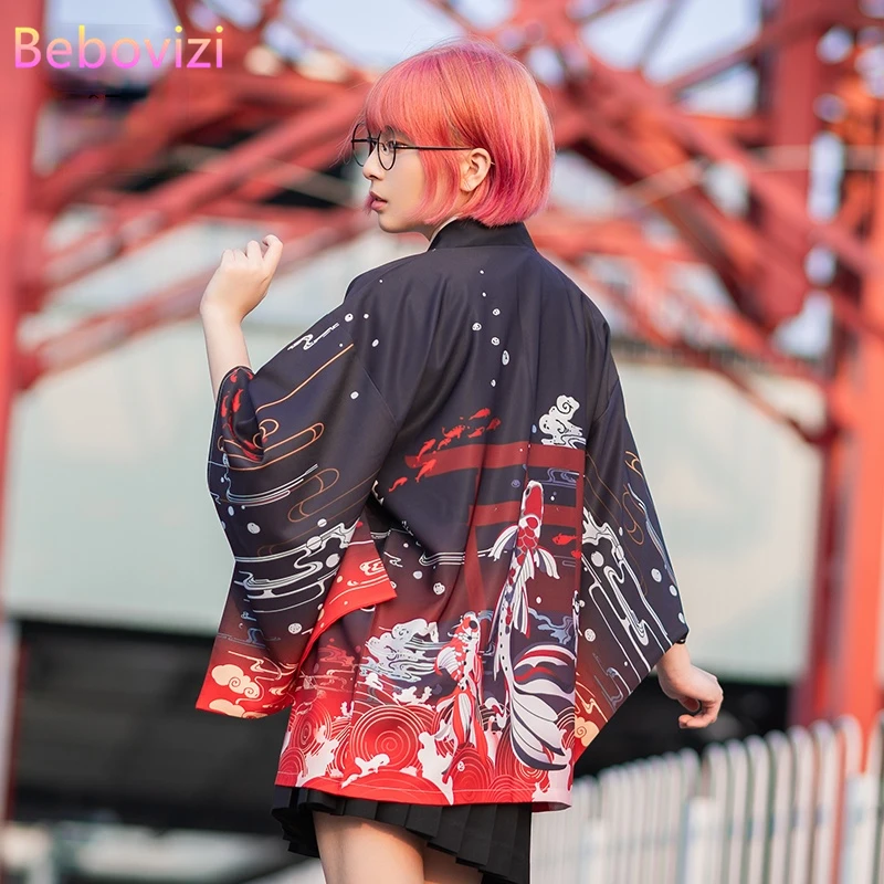 Summer Carp Printing Loose Japanese Streetwear Cardigan Women Men Harajuku Haori Kimono Cosplay Blouse Top Yukata